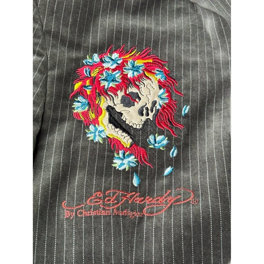 Ed Hardy Christian Audigier Suit Jacket Blazer Black Velvet Embroidered Size XL